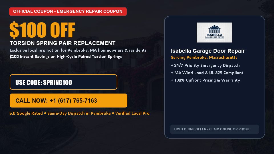$100 OFF Dual High-Cycle Torsion Spring Replacement in Pembroke, MA - Isabella Garage Door Repair