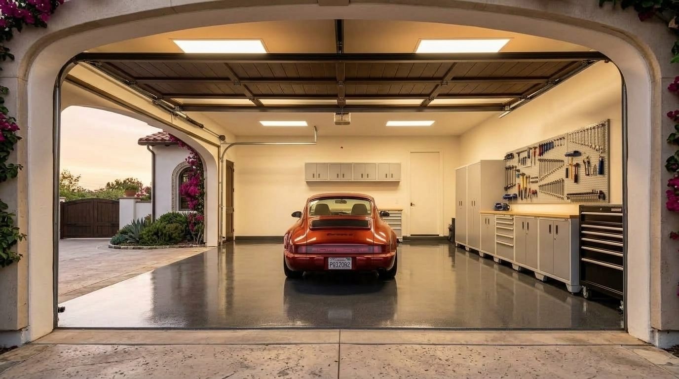Isabella Garage Door Repair Interior View of Custom Garage Door Overhead and Workshop